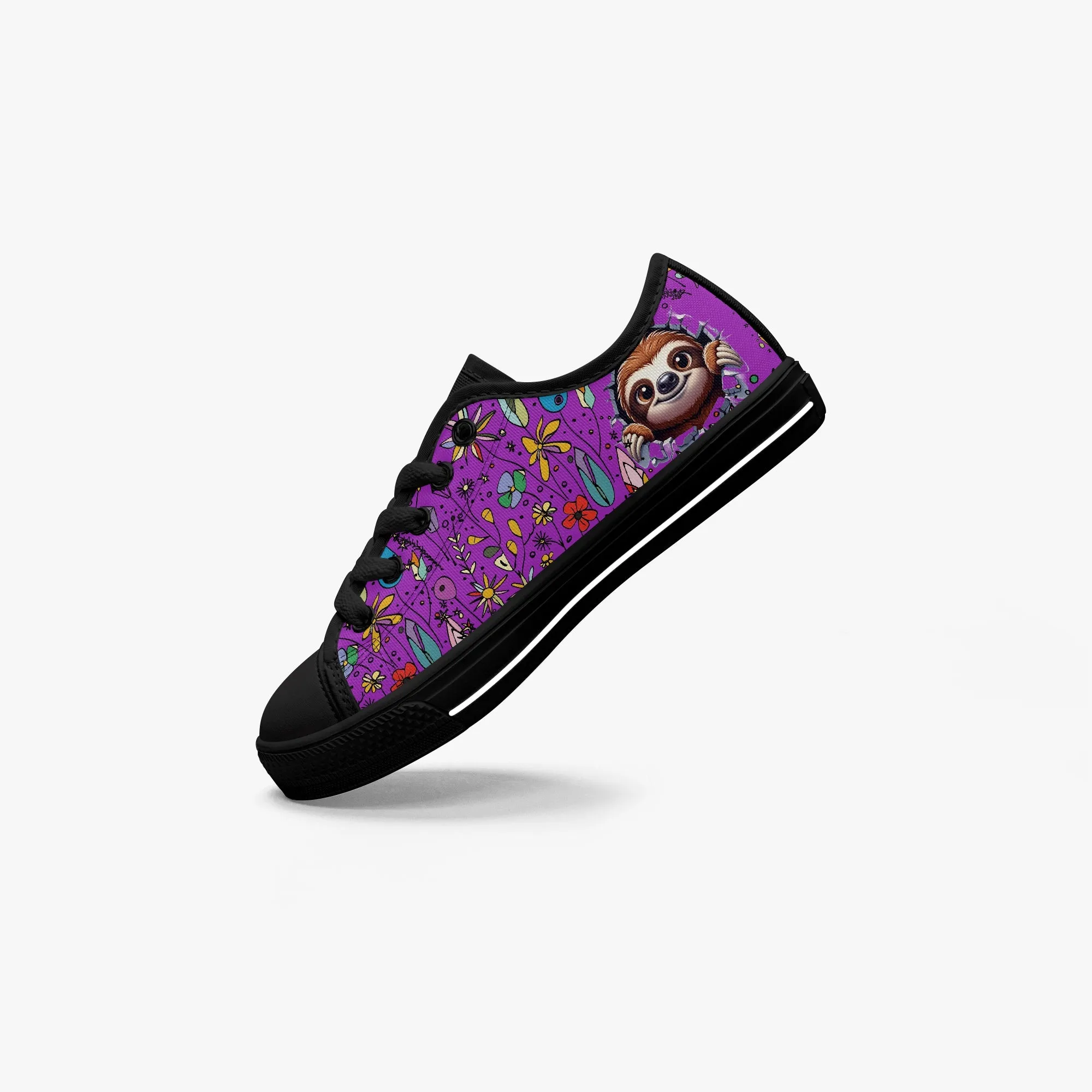 Kid’s Low-Top Canvas Shoes-Black Girls' Low-Top cartoon Sloth Canvas Shoes