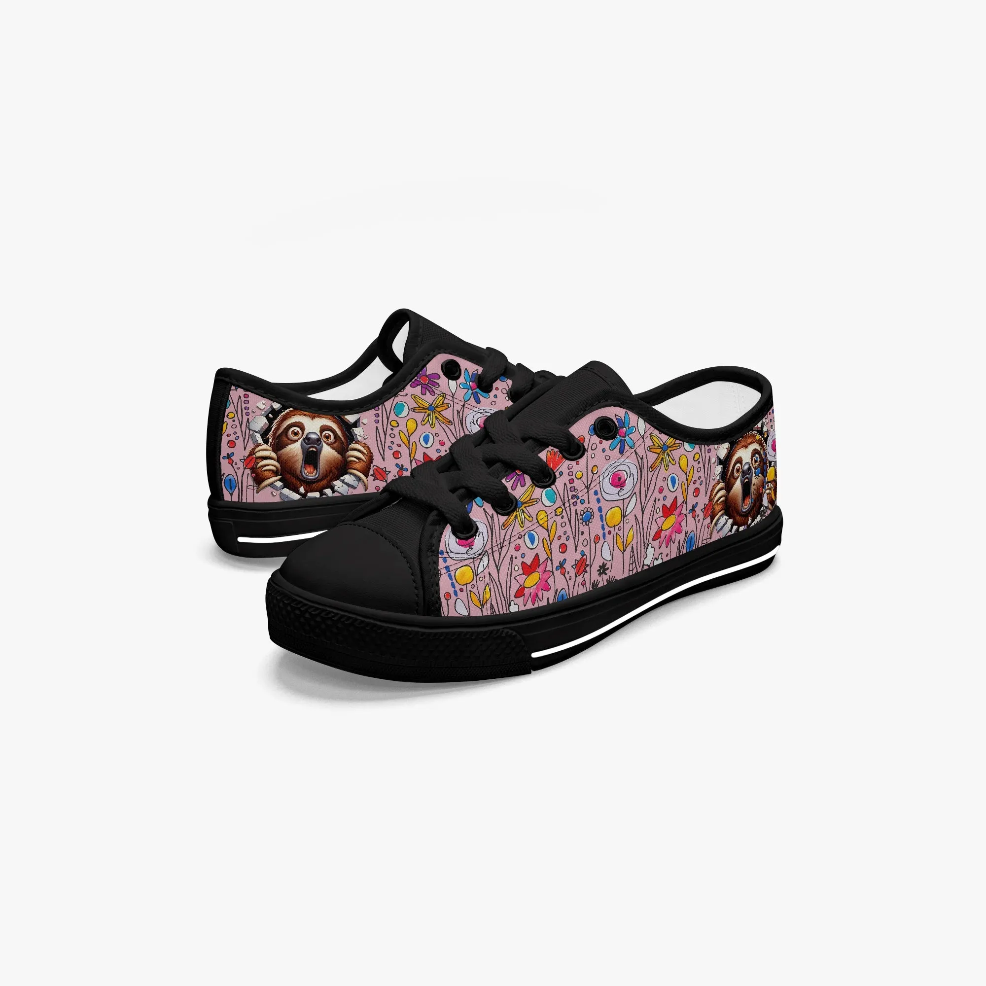 Kid’s Low-Top Canvas Shoes-Black Girls' Low-Top cartoon Sloth Canvas Shoes