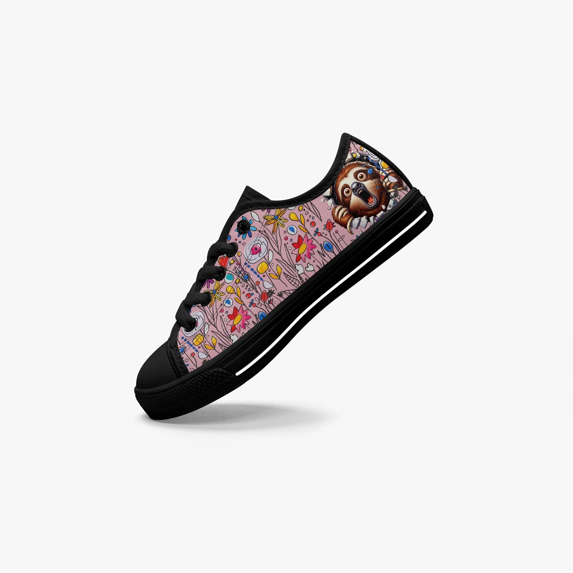 Kid’s Low-Top Canvas Shoes-Black Girls' Low-Top cartoon Sloth Canvas Shoes