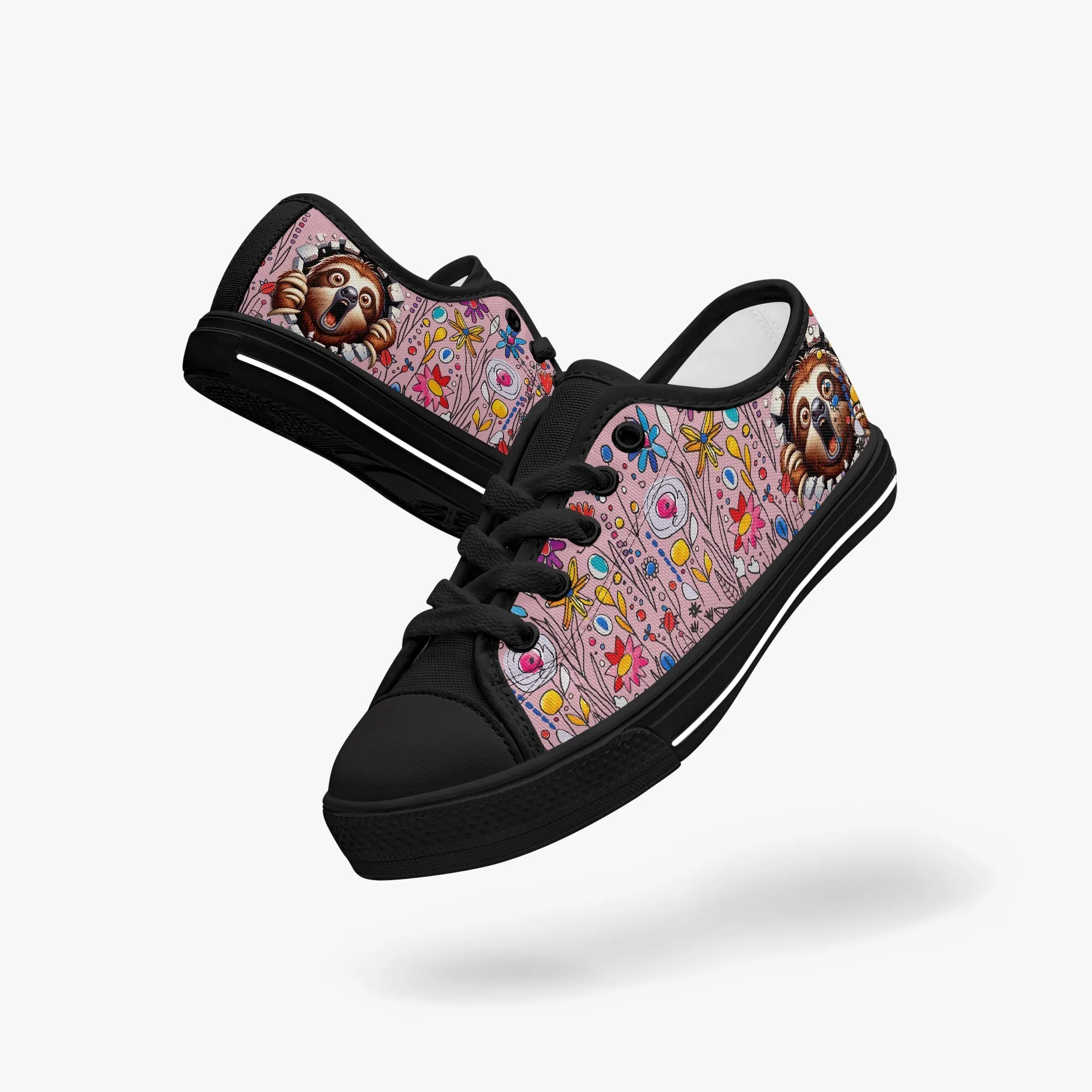 Kid’s Low-Top Canvas Shoes-Black Girls' Low-Top cartoon Sloth Canvas Shoes