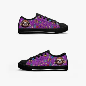 Kid’s Low-Top Canvas Shoes-Black Girls' Low-Top cartoon Sloth Canvas Shoes