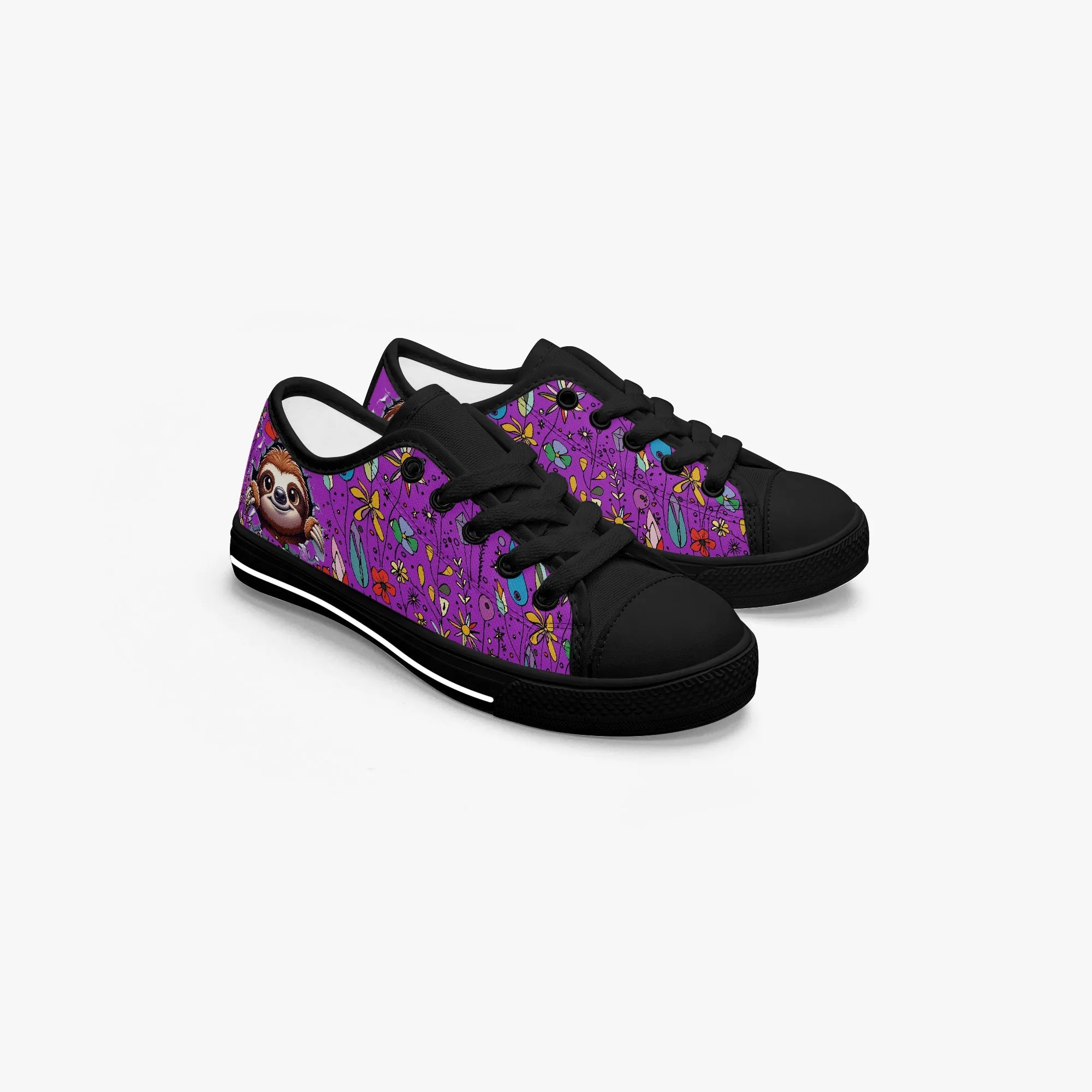 Kid’s Low-Top Canvas Shoes-Black Girls' Low-Top cartoon Sloth Canvas Shoes