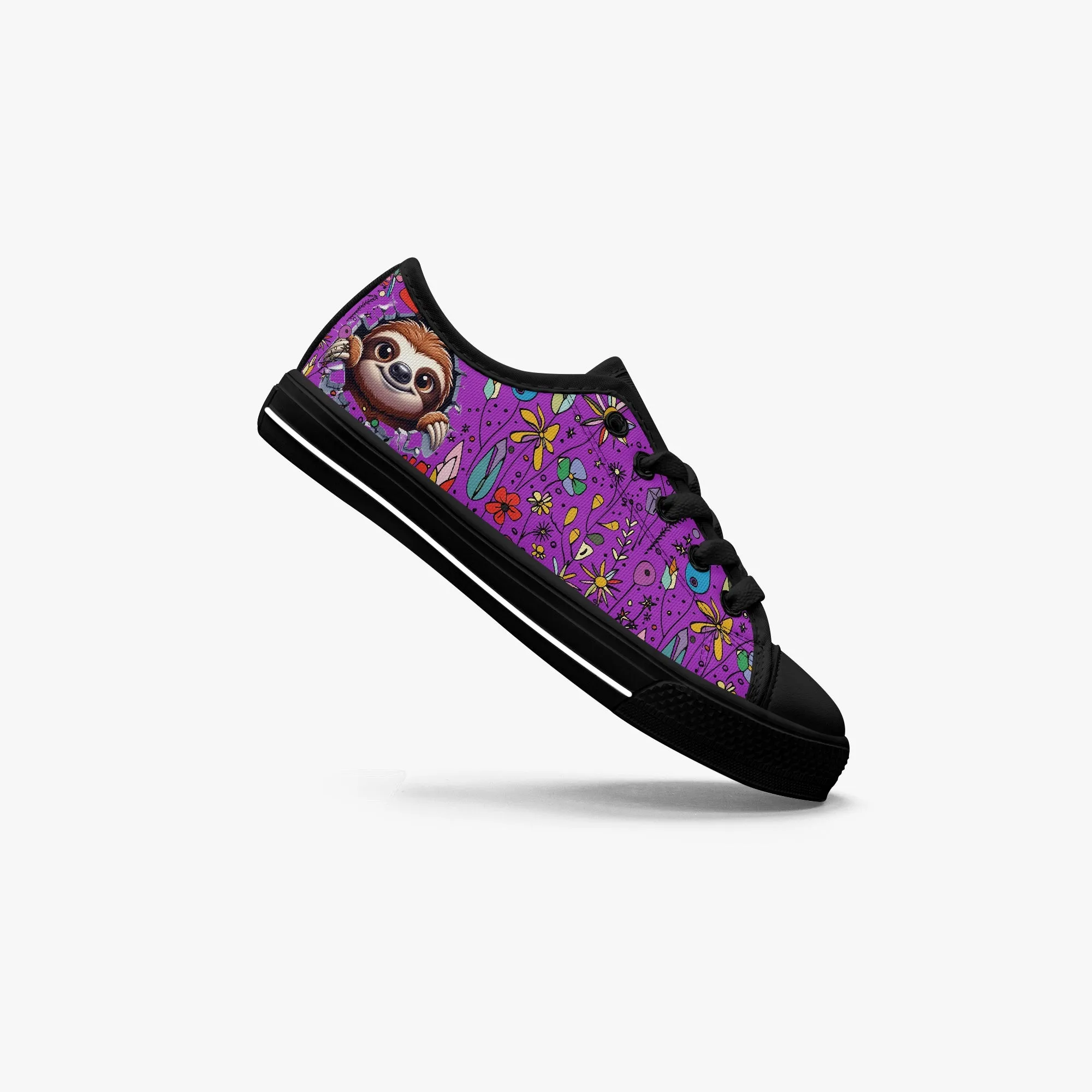 Kid’s Low-Top Canvas Shoes-Black Girls' Low-Top cartoon Sloth Canvas Shoes