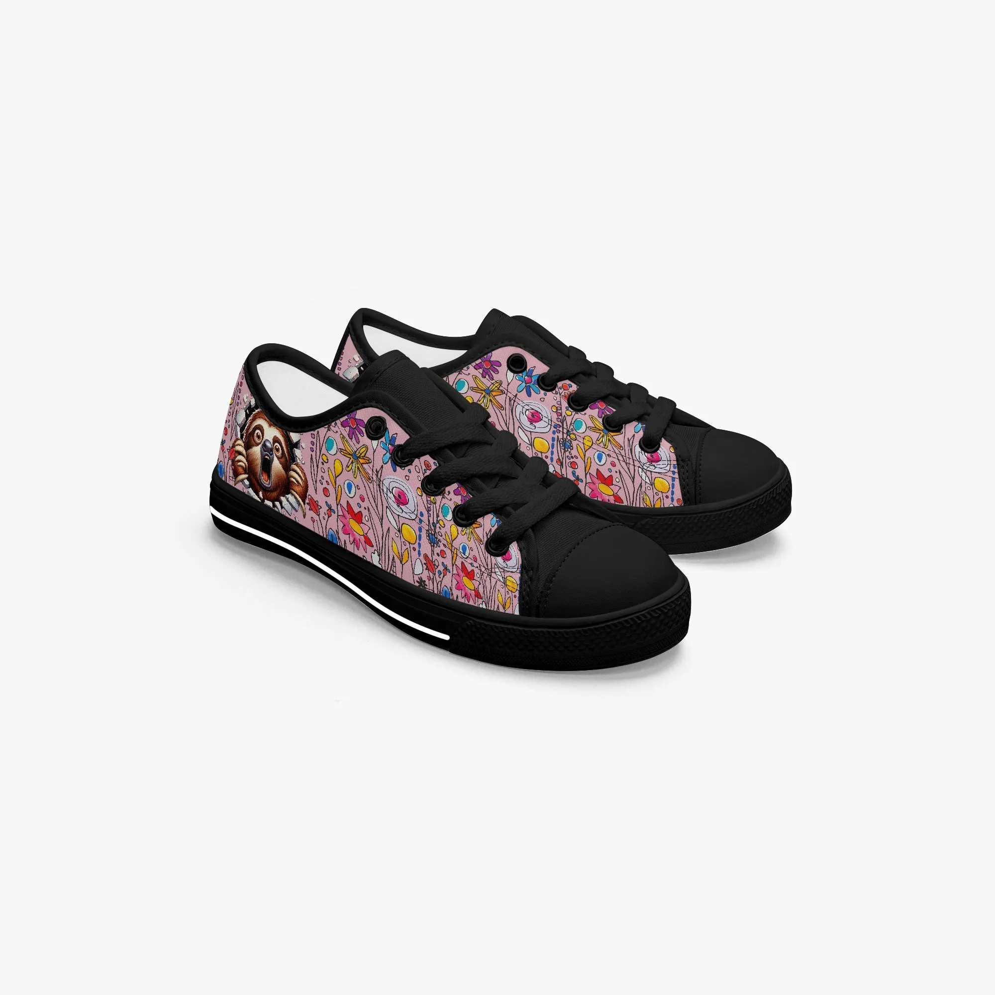 Kid’s Low-Top Canvas Shoes-Black Girls' Low-Top cartoon Sloth Canvas Shoes