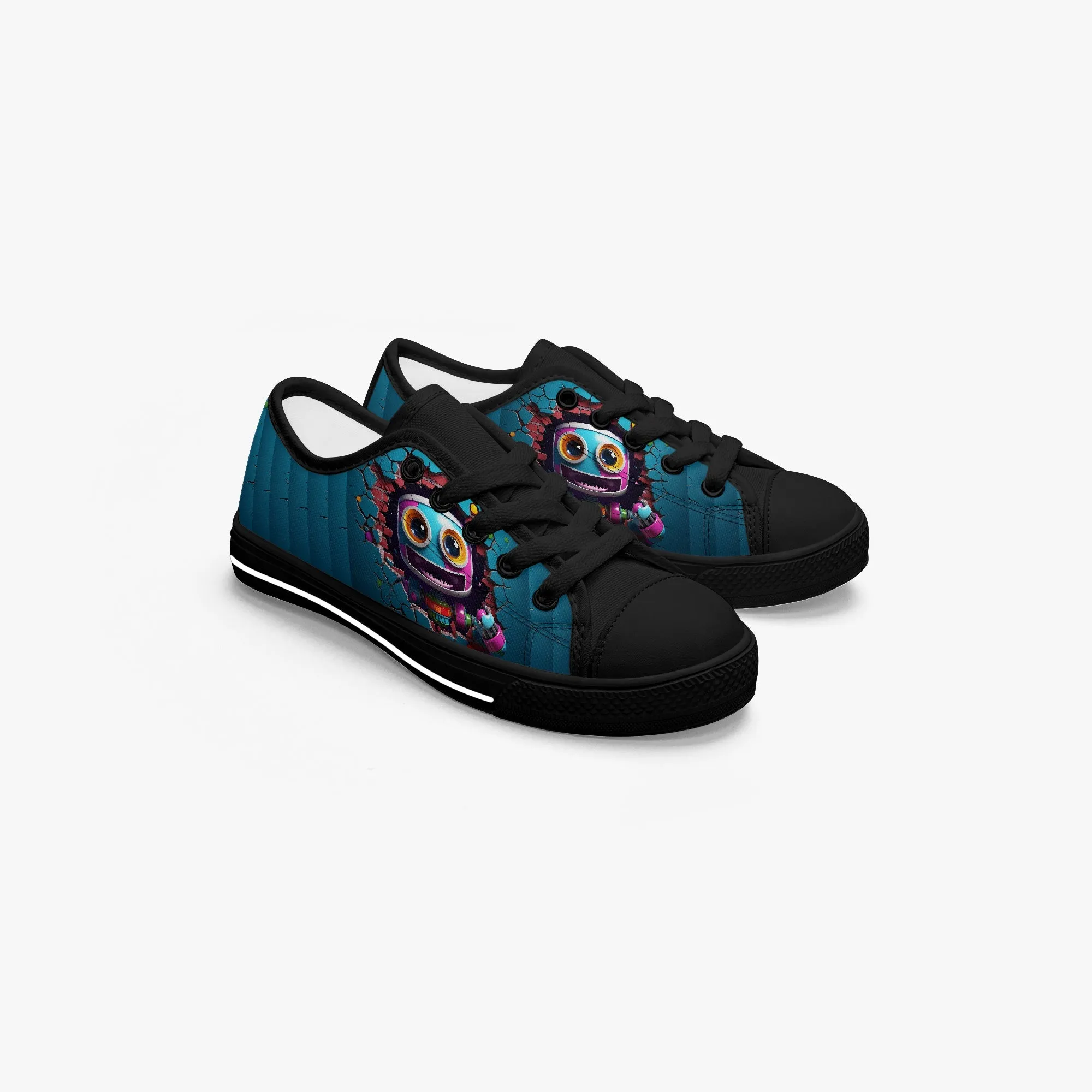 Kid’s Low-Top Canvas Shoes-Black Kids' Low-Top Canvas Shoes – Cartoon 3D Robot Breaking Through Crack Wall