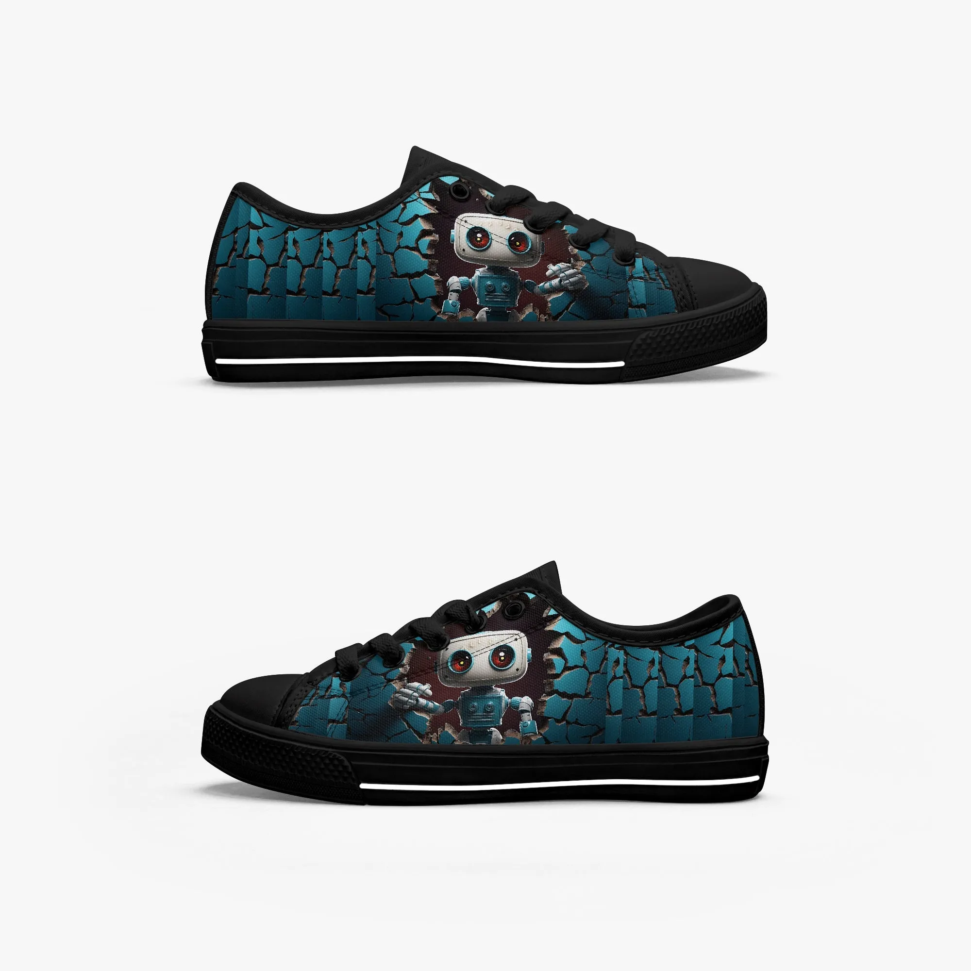 Kid’s Low-Top Canvas Shoes-Black Kids' Low-Top Canvas Shoes – Cartoon 3D Robot Breaking Through Crack Wall