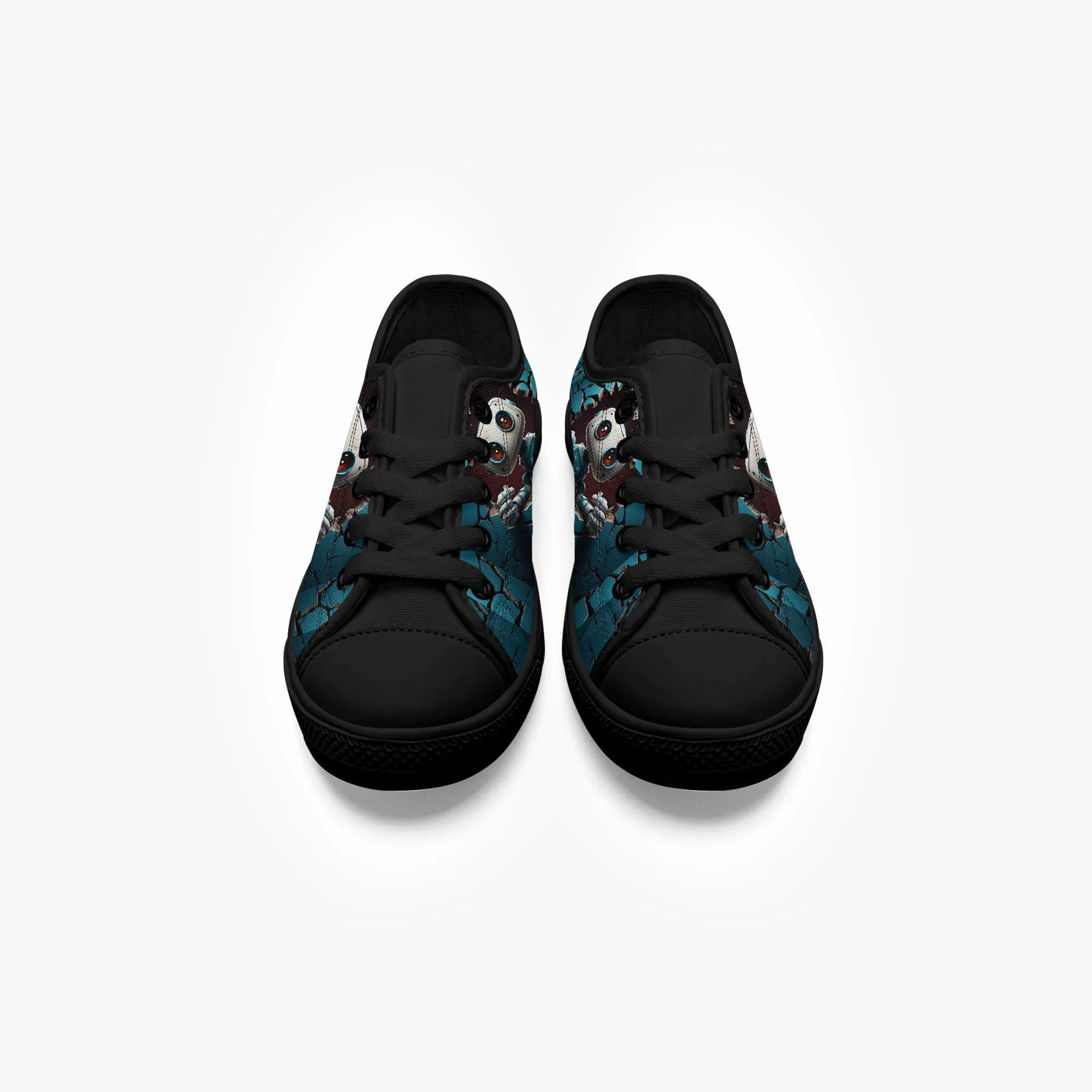 Kid’s Low-Top Canvas Shoes-Black Kids' Low-Top Canvas Shoes – Cartoon 3D Robot Breaking Through Crack Wall