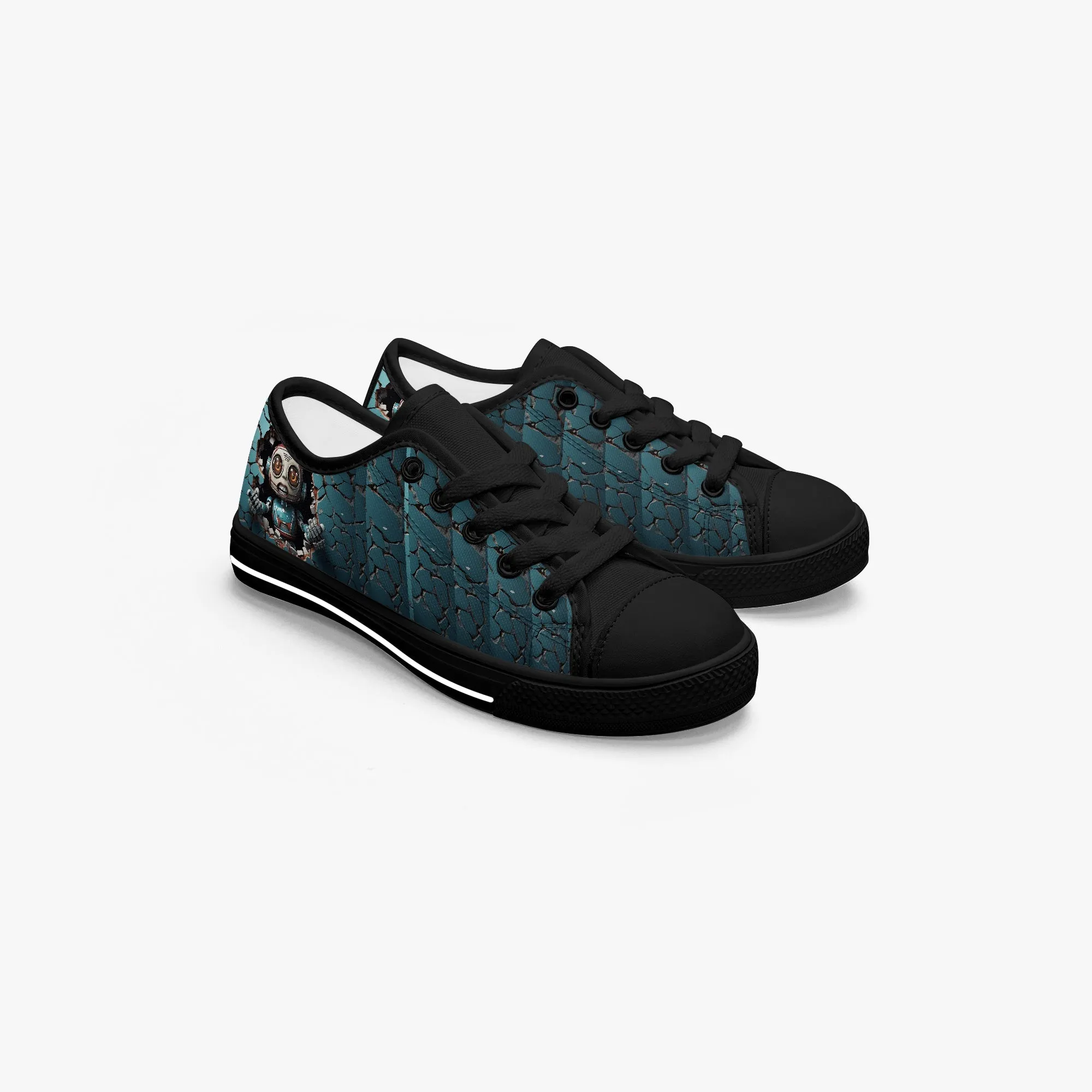 Kid’s Low-Top Canvas Shoes-Black Kids' Low-Top Canvas Shoes – Cartoon 3D Robot Breaking Through Crack Wall