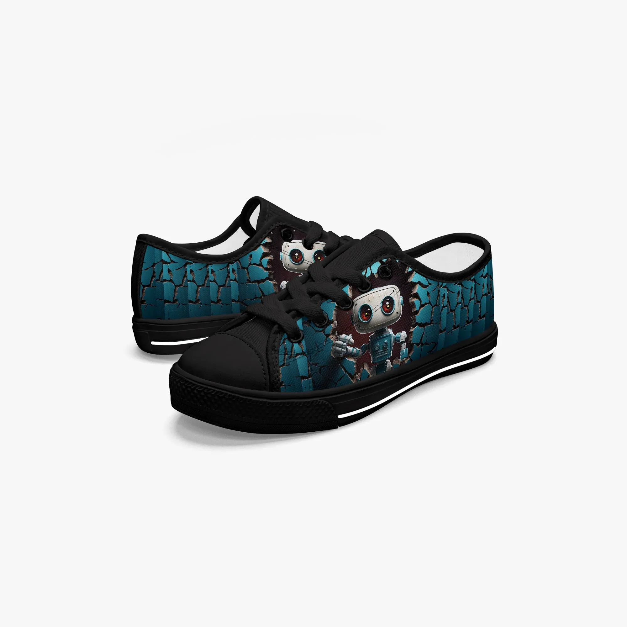 Kid’s Low-Top Canvas Shoes-Black Kids' Low-Top Canvas Shoes – Cartoon 3D Robot Breaking Through Crack Wall