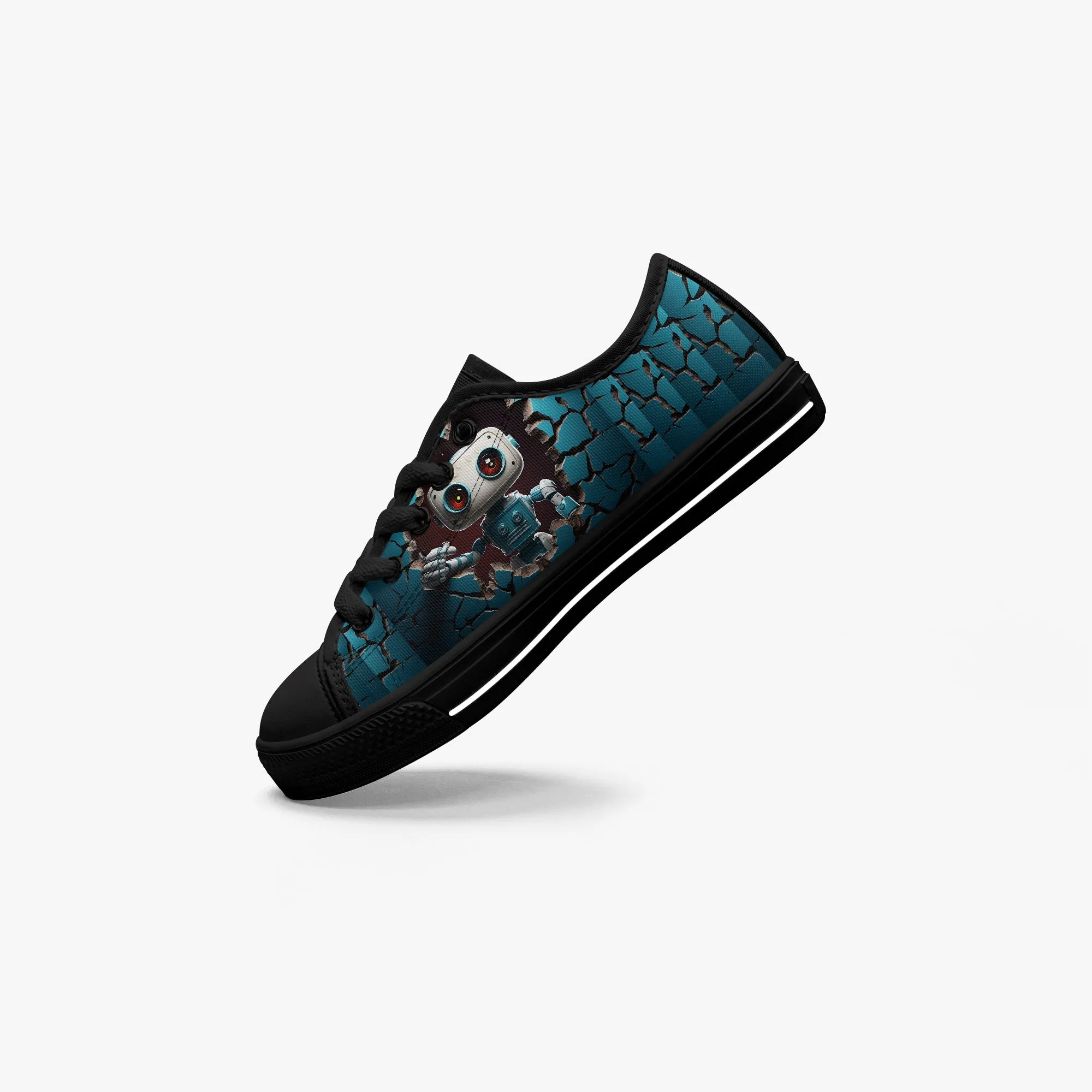 Kid’s Low-Top Canvas Shoes-Black Kids' Low-Top Canvas Shoes – Cartoon 3D Robot Breaking Through Crack Wall