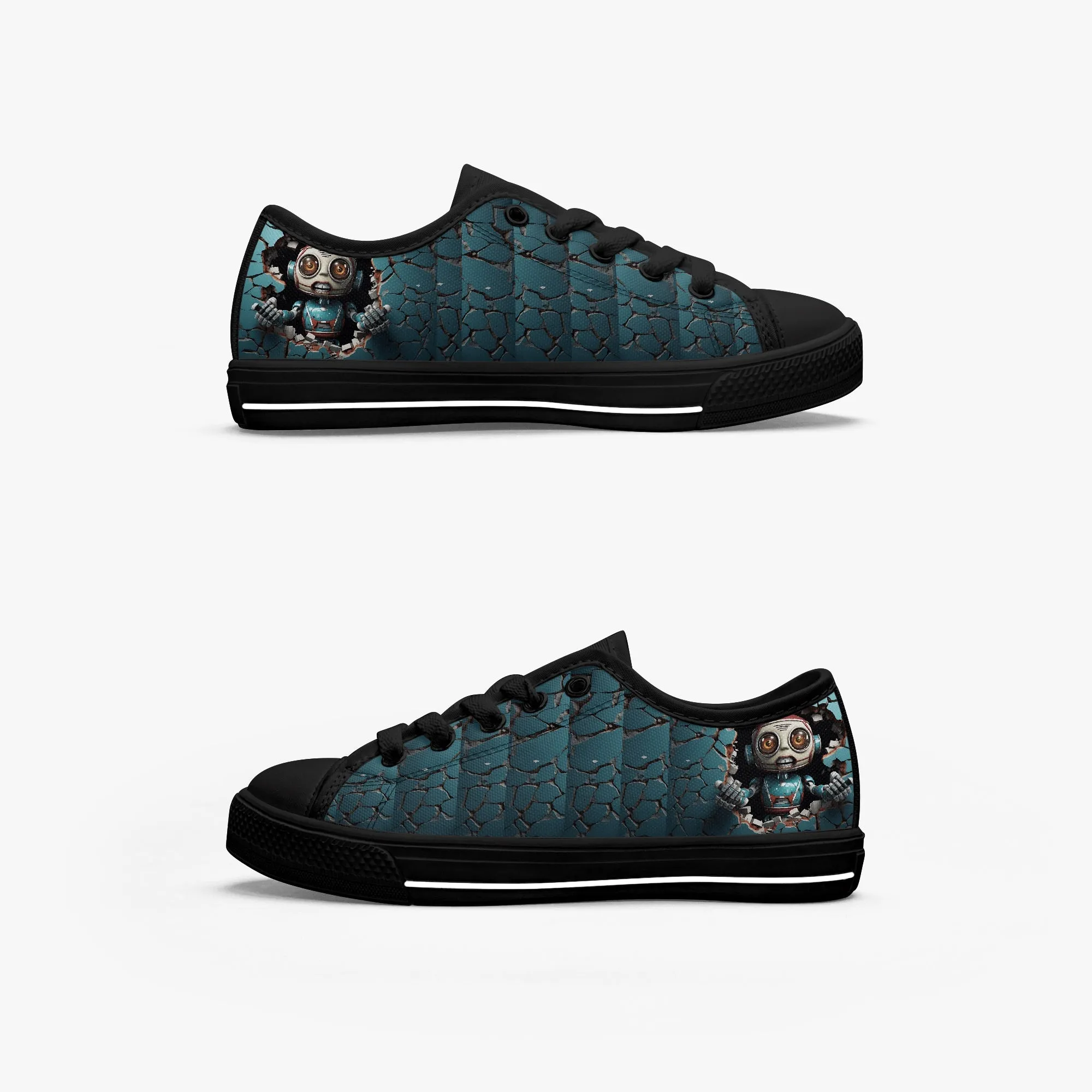 Kid’s Low-Top Canvas Shoes-Black Kids' Low-Top Canvas Shoes – Cartoon 3D Robot Breaking Through Crack Wall