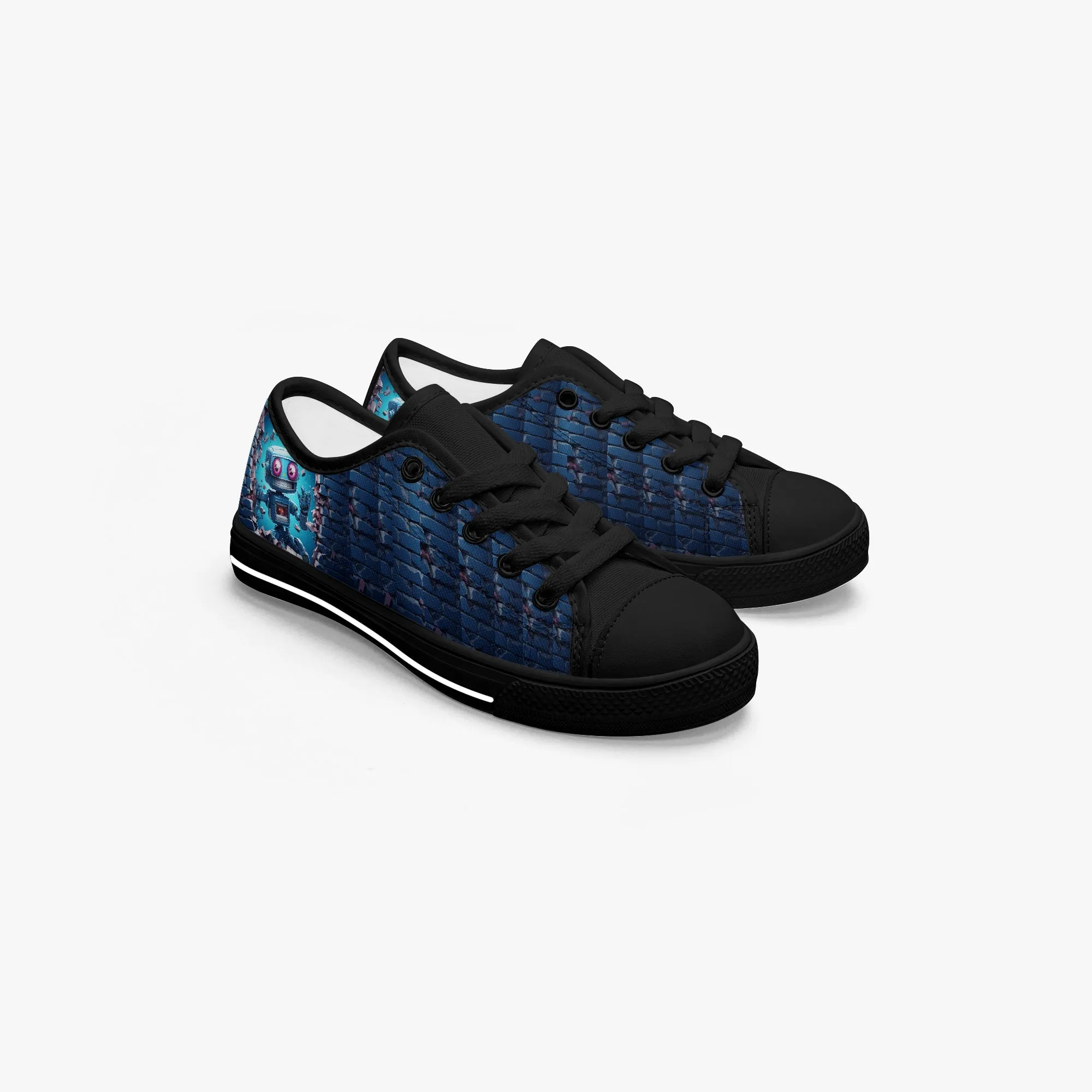 Kid’s Low-Top Canvas Shoes-Black Kids' Low-Top Canvas Shoes – Cartoon 3D Robot Breaking Through Crack Wall