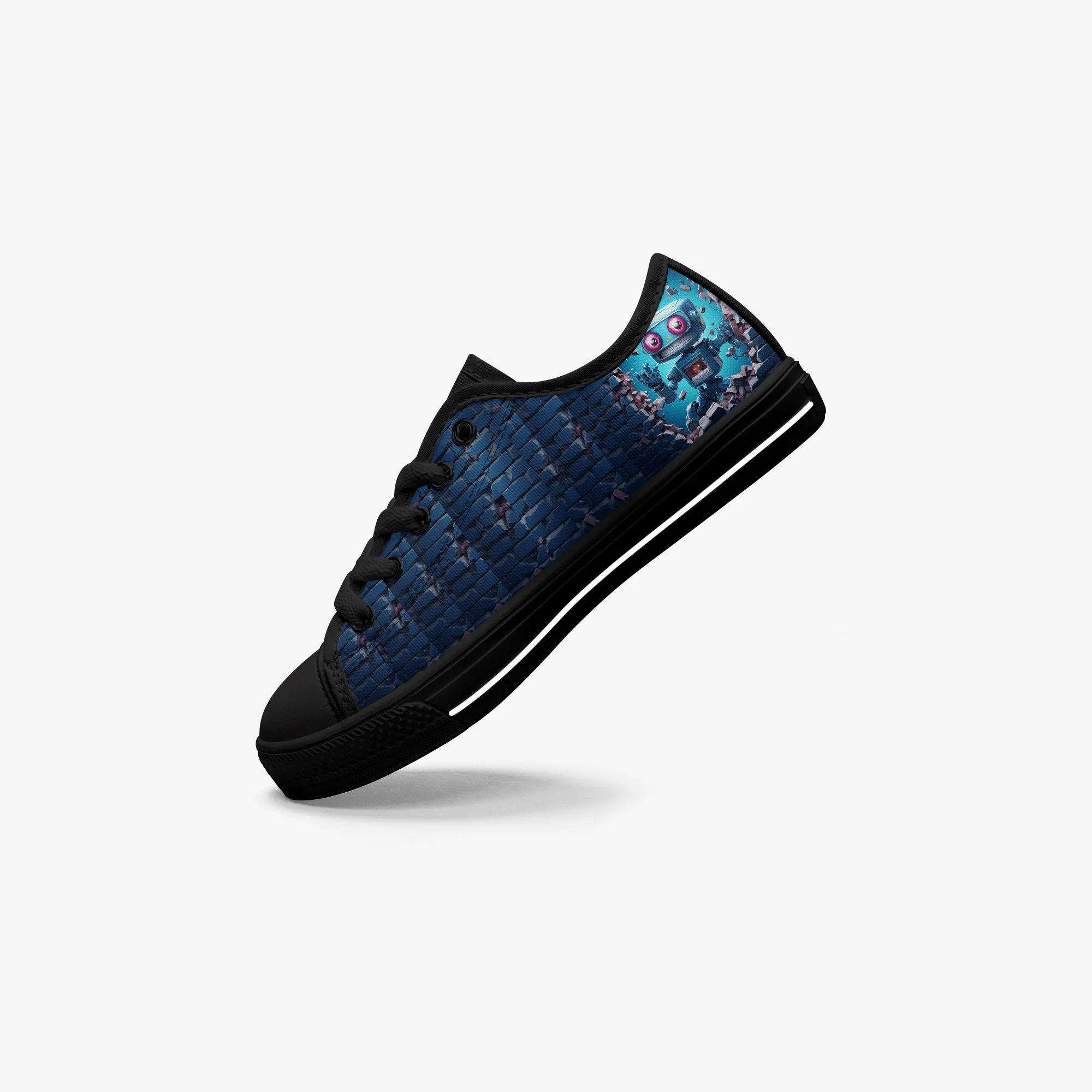 Kid’s Low-Top Canvas Shoes-Black Kids' Low-Top Canvas Shoes – Cartoon 3D Robot Breaking Through Crack Wall
