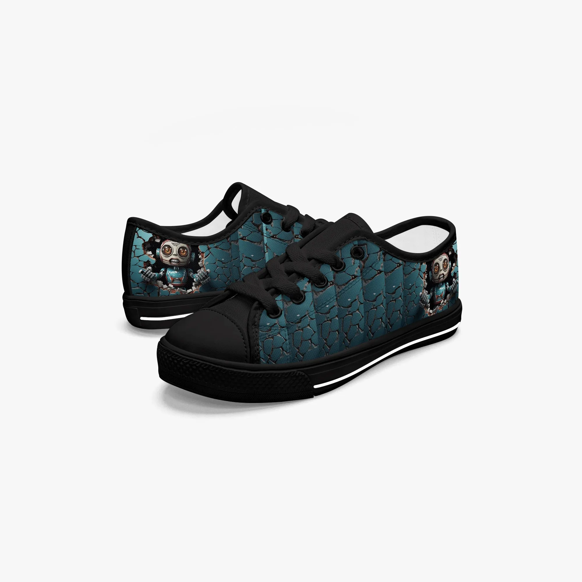 Kid’s Low-Top Canvas Shoes-Black Kids' Low-Top Canvas Shoes – Cartoon 3D Robot Breaking Through Crack Wall