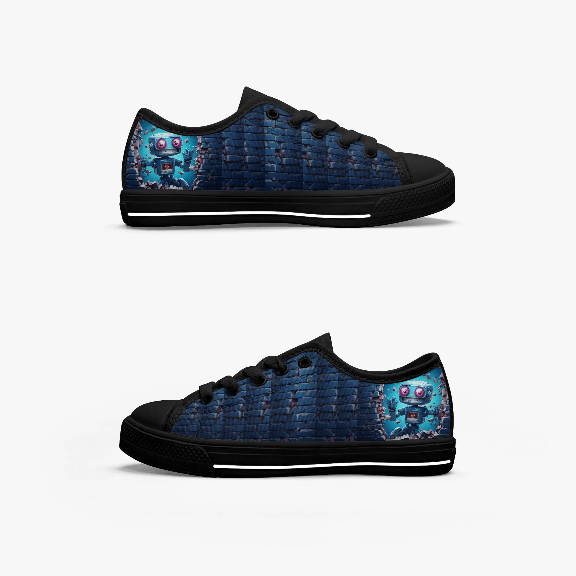 Kid’s Low-Top Canvas Shoes-Black Kids' Low-Top Canvas Shoes – Cartoon 3D Robot Breaking Through Crack Wall
