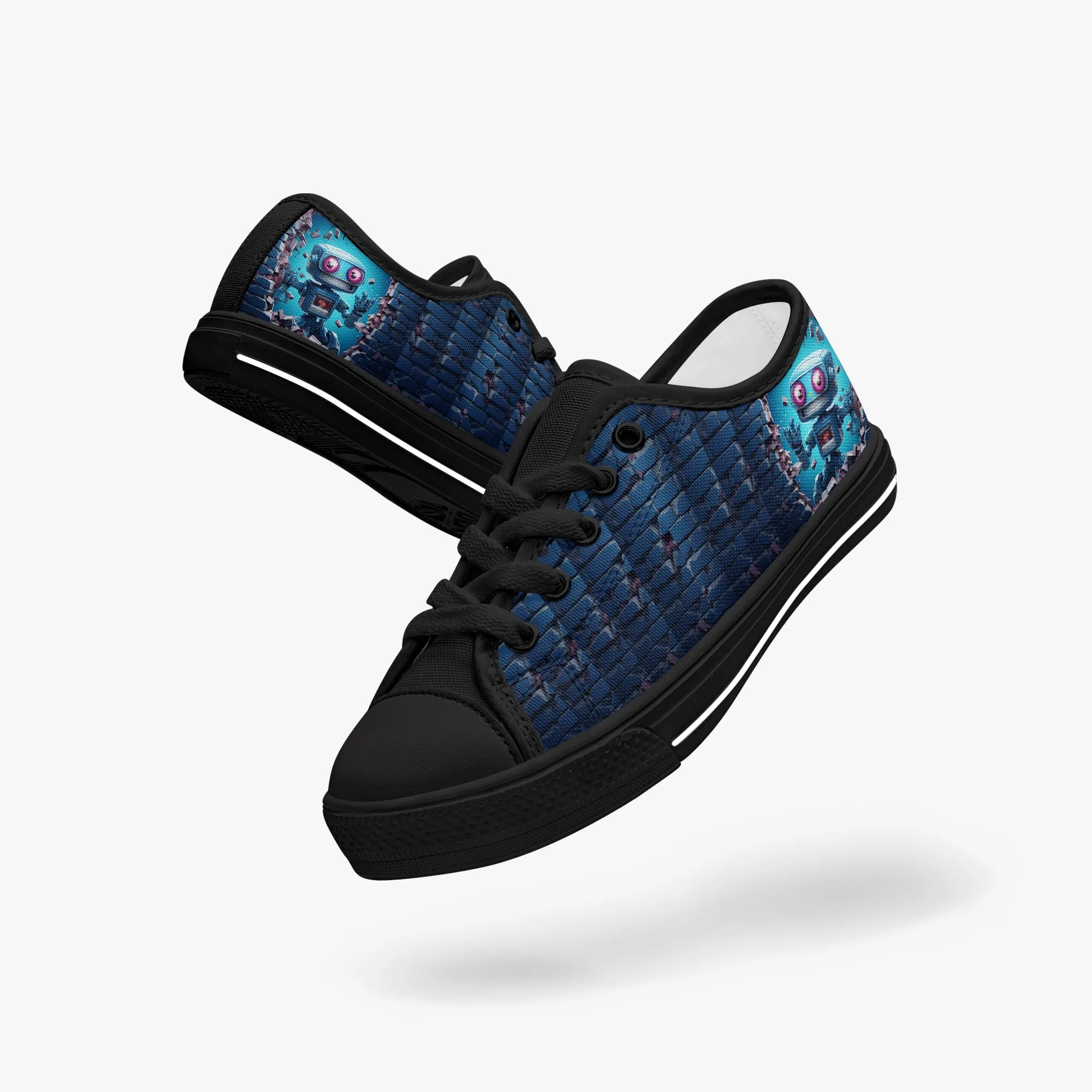 Kid’s Low-Top Canvas Shoes-Black Kids' Low-Top Canvas Shoes – Cartoon 3D Robot Breaking Through Crack Wall