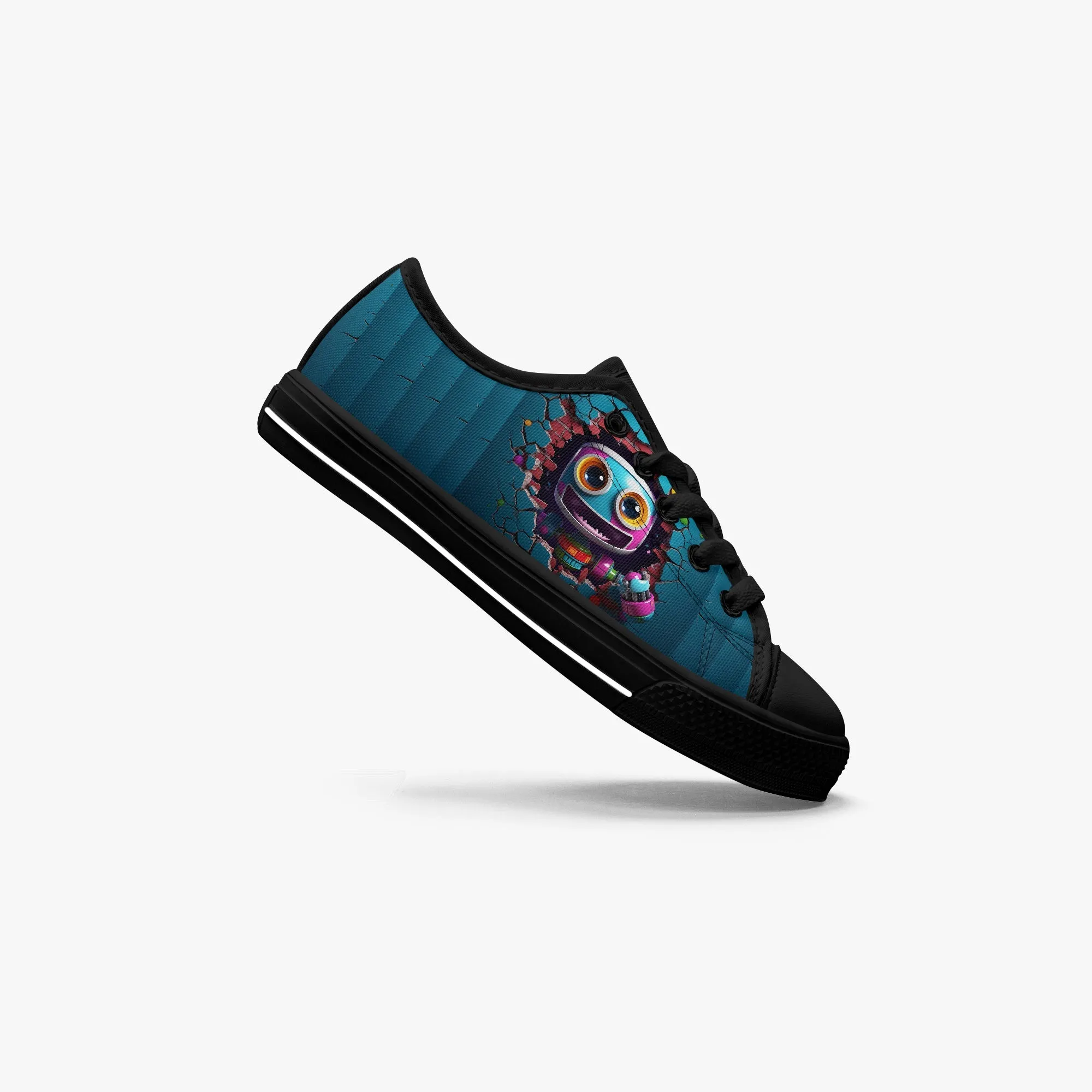 Kid’s Low-Top Canvas Shoes-Black Kids' Low-Top Canvas Shoes – Cartoon 3D Robot Breaking Through Crack Wall