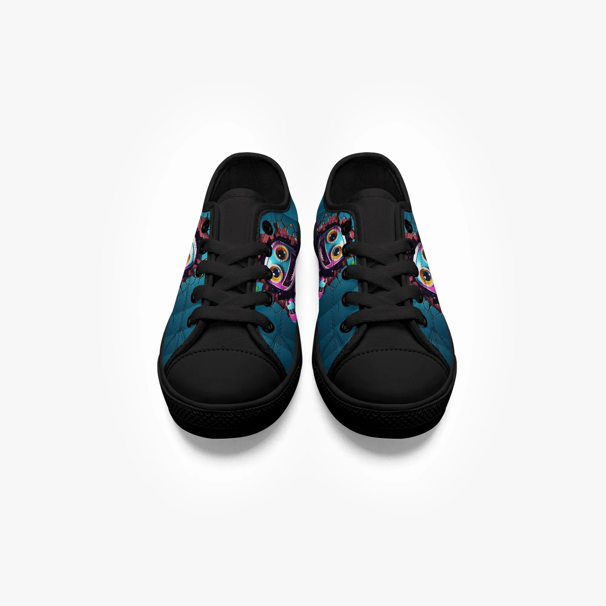 Kid’s Low-Top Canvas Shoes-Black Kids' Low-Top Canvas Shoes – Cartoon 3D Robot Breaking Through Crack Wall