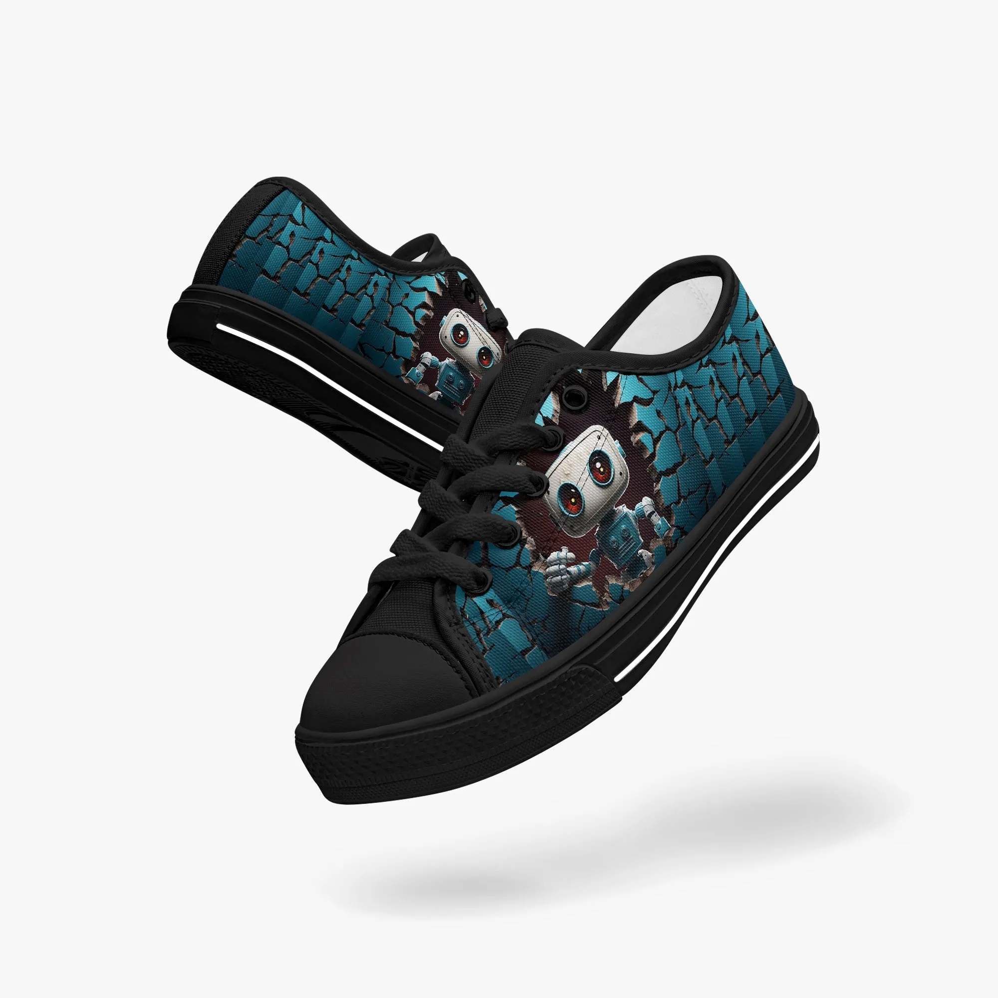 Kid’s Low-Top Canvas Shoes-Black Kids' Low-Top Canvas Shoes – Cartoon 3D Robot Breaking Through Crack Wall
