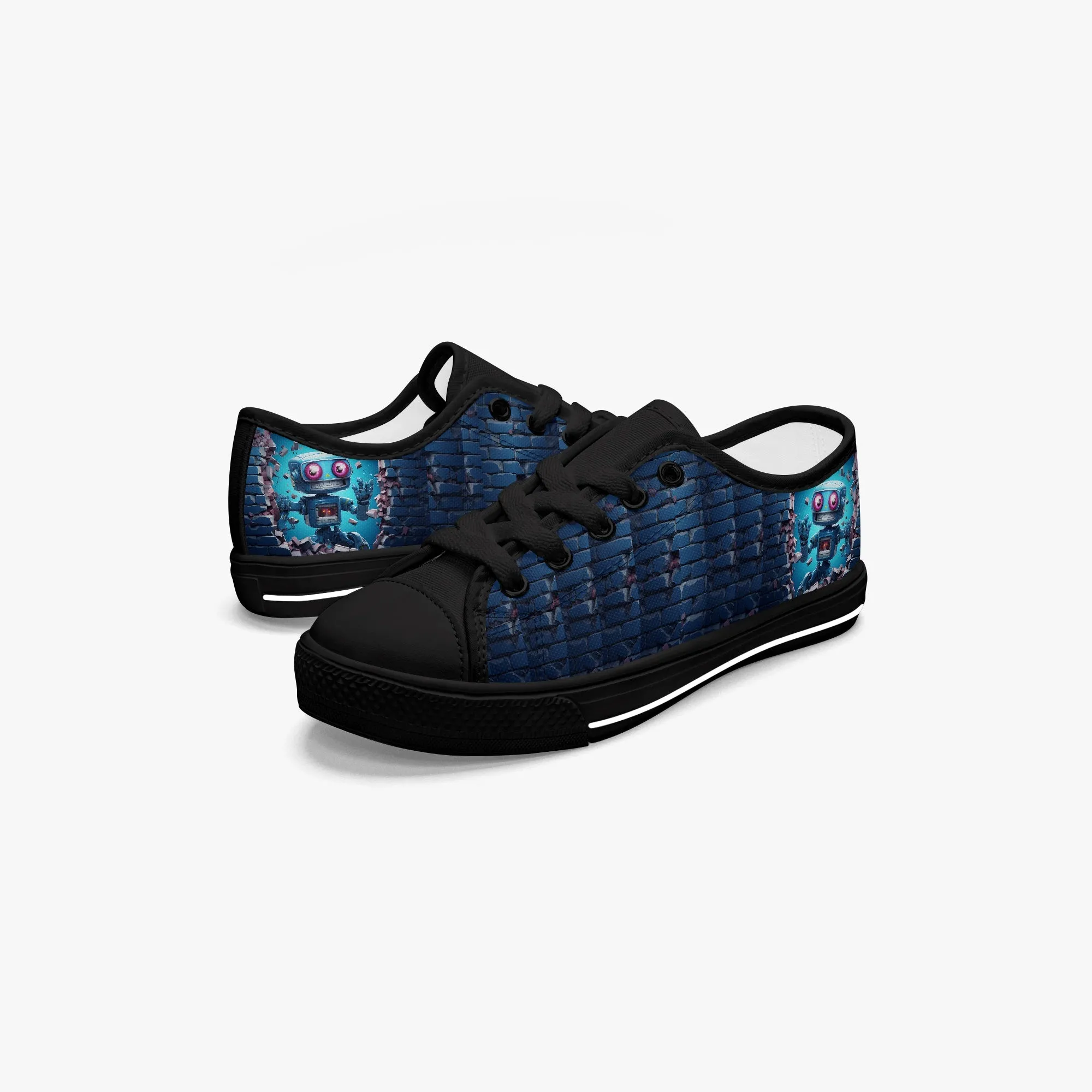 Kid’s Low-Top Canvas Shoes-Black Kids' Low-Top Canvas Shoes – Cartoon 3D Robot Breaking Through Crack Wall