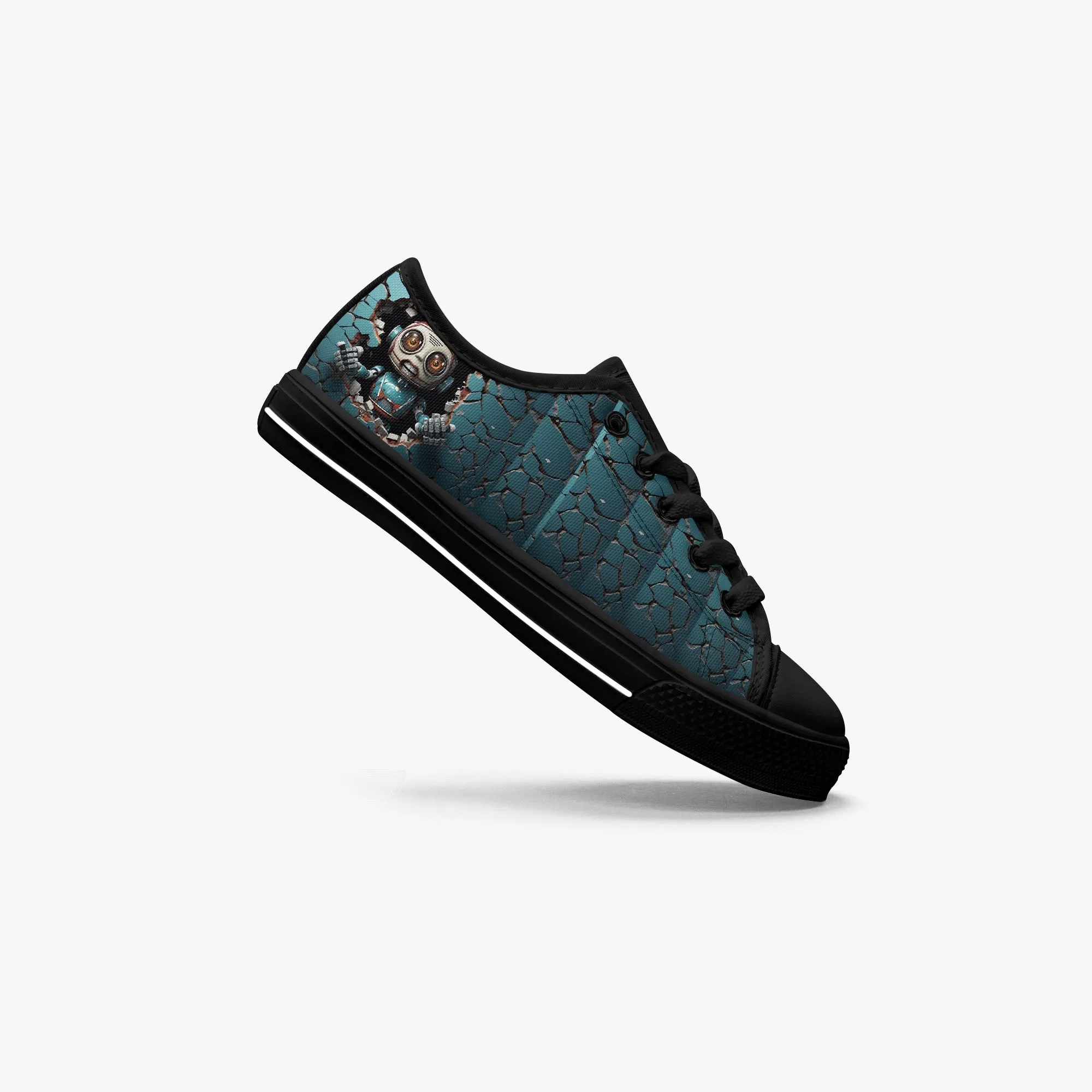 Kid’s Low-Top Canvas Shoes-Black Kids' Low-Top Canvas Shoes – Cartoon 3D Robot Breaking Through Crack Wall