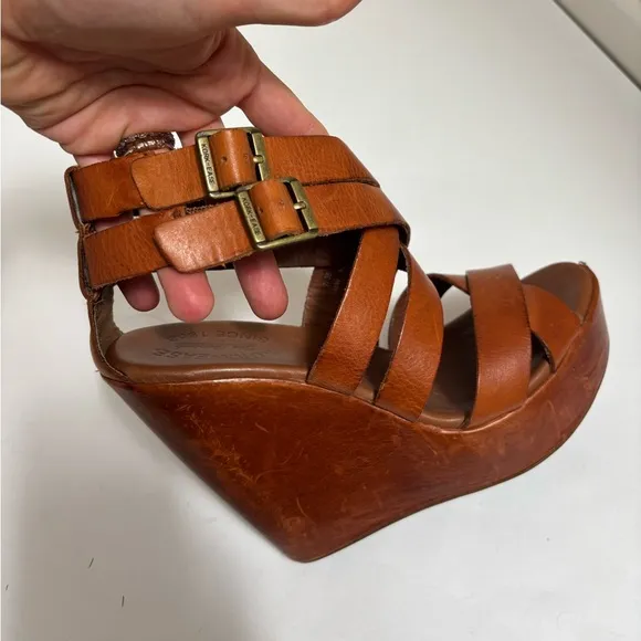 Kork-Ease Platform wedge heels rusty brown leather, strappy, size 38 size 7