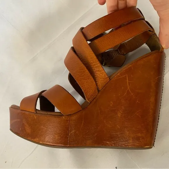 Kork-Ease Platform wedge heels rusty brown leather, strappy, size 38 size 7