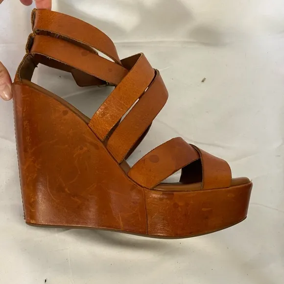 Kork-Ease Platform wedge heels rusty brown leather, strappy, size 38 size 7