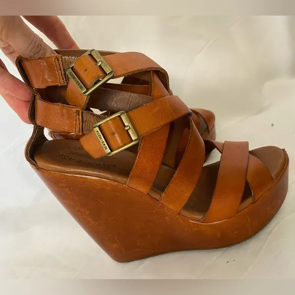 Kork-Ease Platform wedge heels rusty brown leather, strappy, size 38 size 7