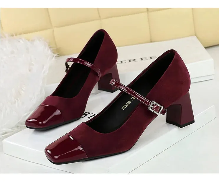 Leopard Print Women Pumps Suede Middle Heel Shoes Sexy Mary Jane Shoes Rhinestone Buckle Ladies Shoe Square Head