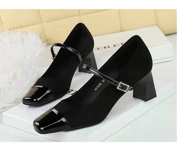 Leopard Print Women Pumps Suede Middle Heel Shoes Sexy Mary Jane Shoes Rhinestone Buckle Ladies Shoe Square Head