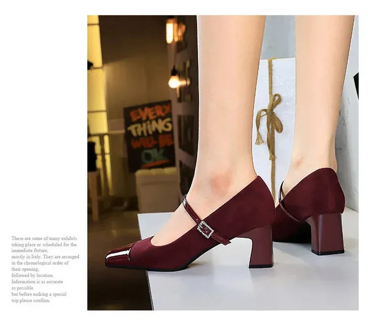 Leopard Print Women Pumps Suede Middle Heel Shoes Sexy Mary Jane Shoes Rhinestone Buckle Ladies Shoe Square Head