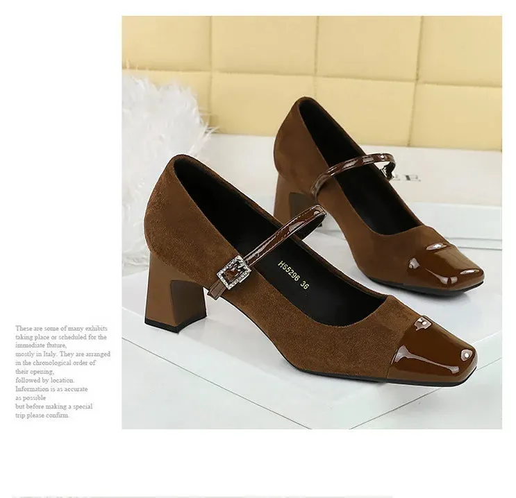 Leopard Print Women Pumps Suede Middle Heel Shoes Sexy Mary Jane Shoes Rhinestone Buckle Ladies Shoe Square Head