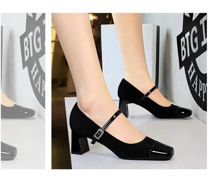 Leopard Print Women Pumps Suede Middle Heel Shoes Sexy Mary Jane Shoes Rhinestone Buckle Ladies Shoe Square Head