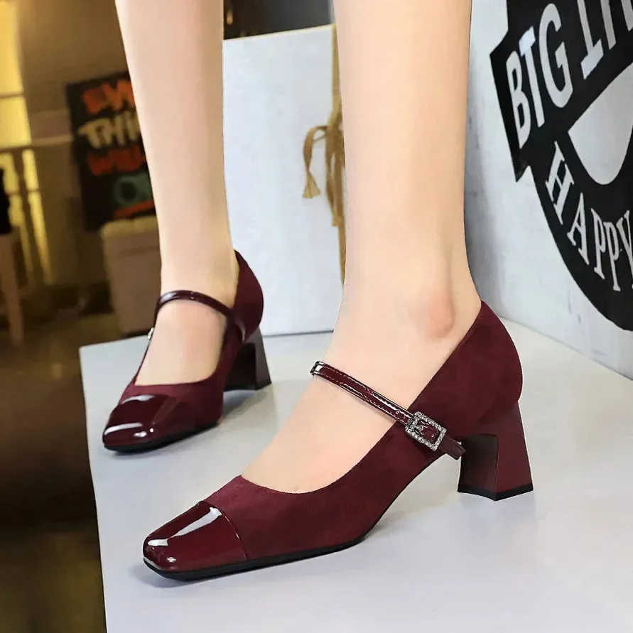 Leopard Print Women Pumps Suede Middle Heel Shoes Sexy Mary Jane Shoes Rhinestone Buckle Ladies Shoe Square Head