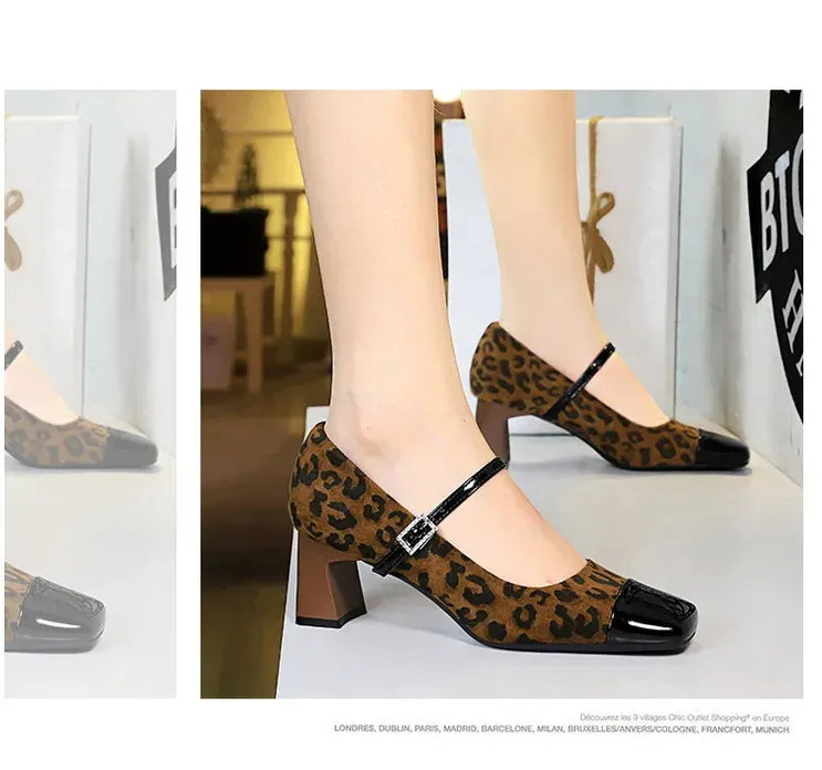 Leopard Print Women Pumps Suede Middle Heel Shoes Sexy Mary Jane Shoes Rhinestone Buckle Ladies Shoe Square Head