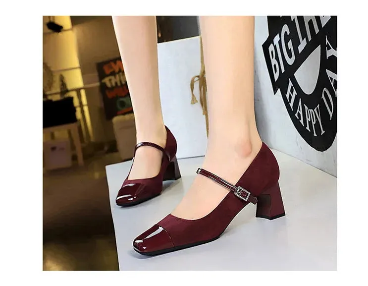 Leopard Print Women Pumps Suede Middle Heel Shoes Sexy Mary Jane Shoes Rhinestone Buckle Ladies Shoe Square Head