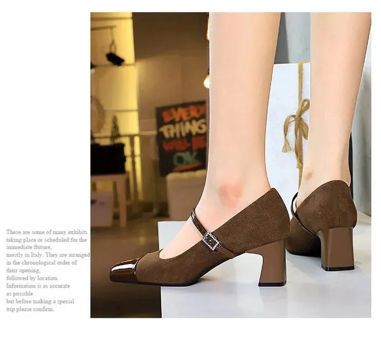 Leopard Print Women Pumps Suede Middle Heel Shoes Sexy Mary Jane Shoes Rhinestone Buckle Ladies Shoe Square Head