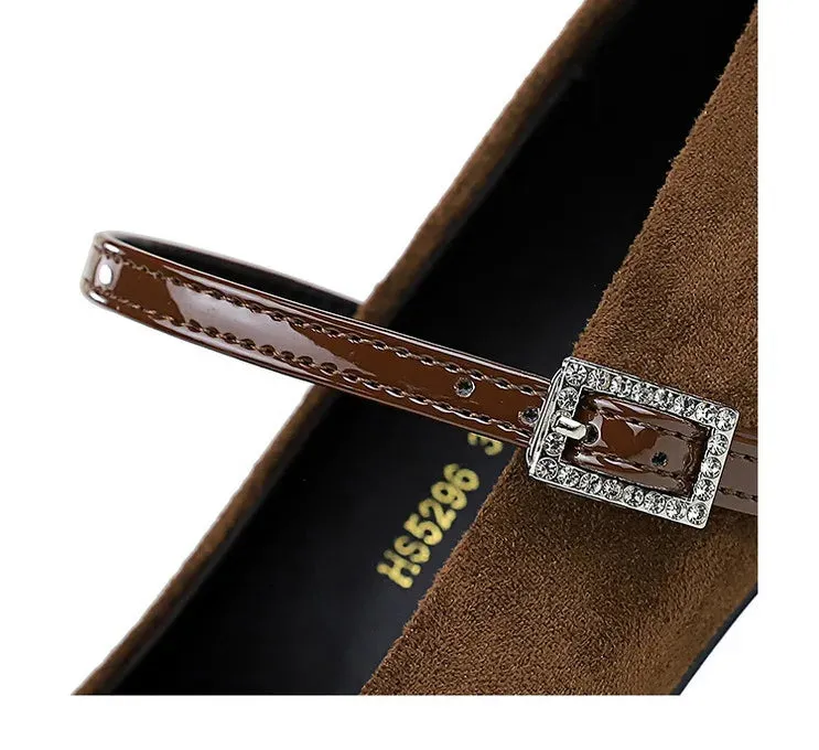 Leopard Print Women Pumps Suede Middle Heel Shoes Sexy Mary Jane Shoes Rhinestone Buckle Ladies Shoe Square Head
