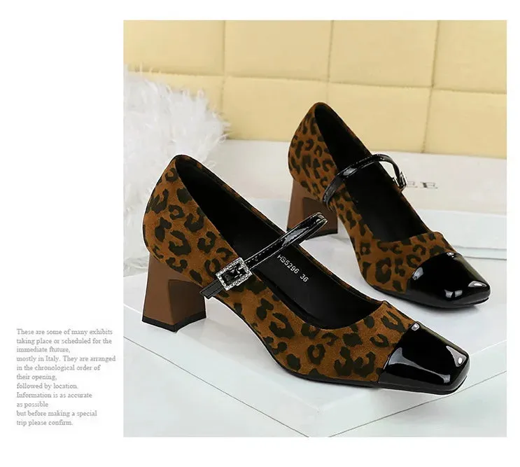 Leopard Print Women Pumps Suede Middle Heel Shoes Sexy Mary Jane Shoes Rhinestone Buckle Ladies Shoe Square Head