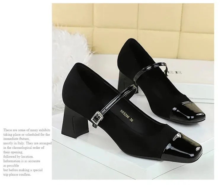 Leopard Print Women Pumps Suede Middle Heel Shoes Sexy Mary Jane Shoes Rhinestone Buckle Ladies Shoe Square Head