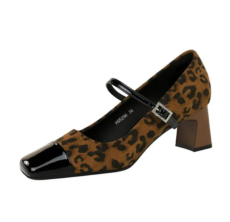 Leopard Print Women Pumps Suede Middle Heel Shoes Sexy Mary Jane Shoes Rhinestone Buckle Ladies Shoe Square Head