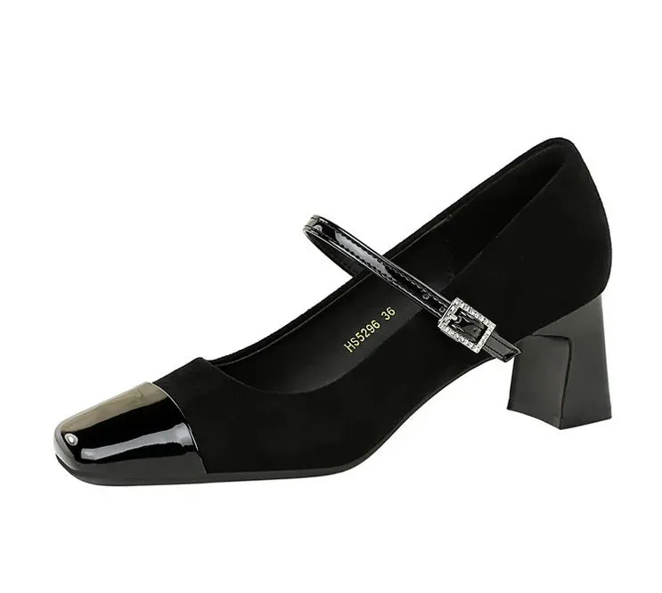 Leopard Print Women Pumps Suede Middle Heel Shoes Sexy Mary Jane Shoes Rhinestone Buckle Ladies Shoe Square Head