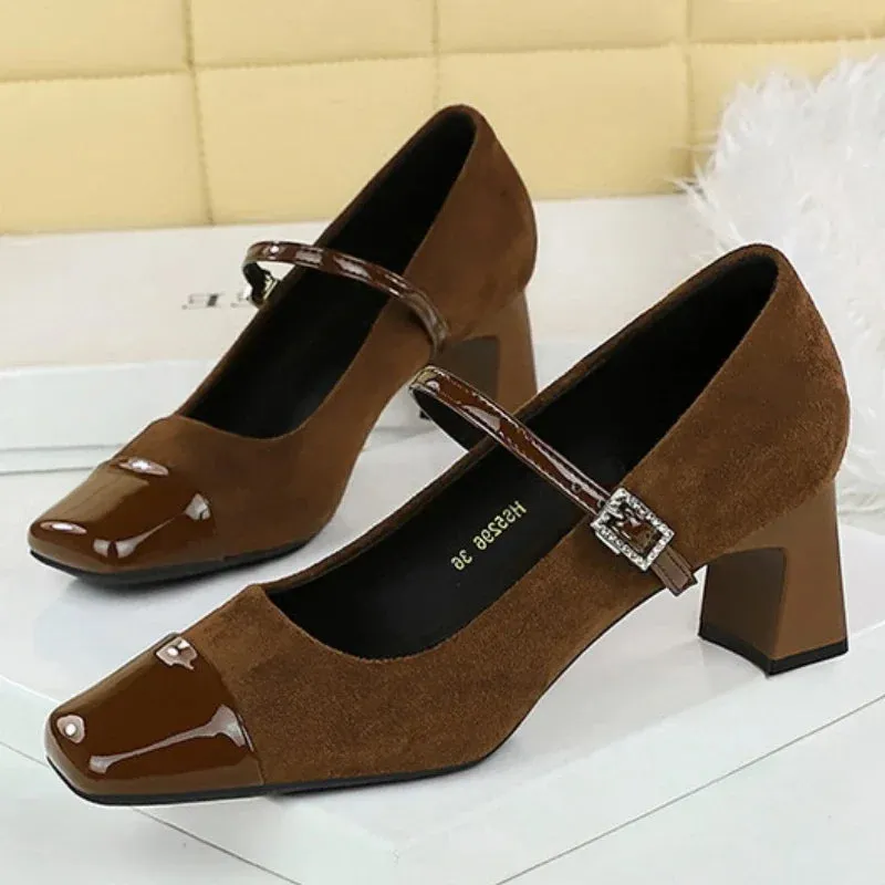 Leopard Print Women Pumps Suede Middle Heel Shoes Sexy Mary Jane Shoes Rhinestone Buckle Ladies Shoe Square Head