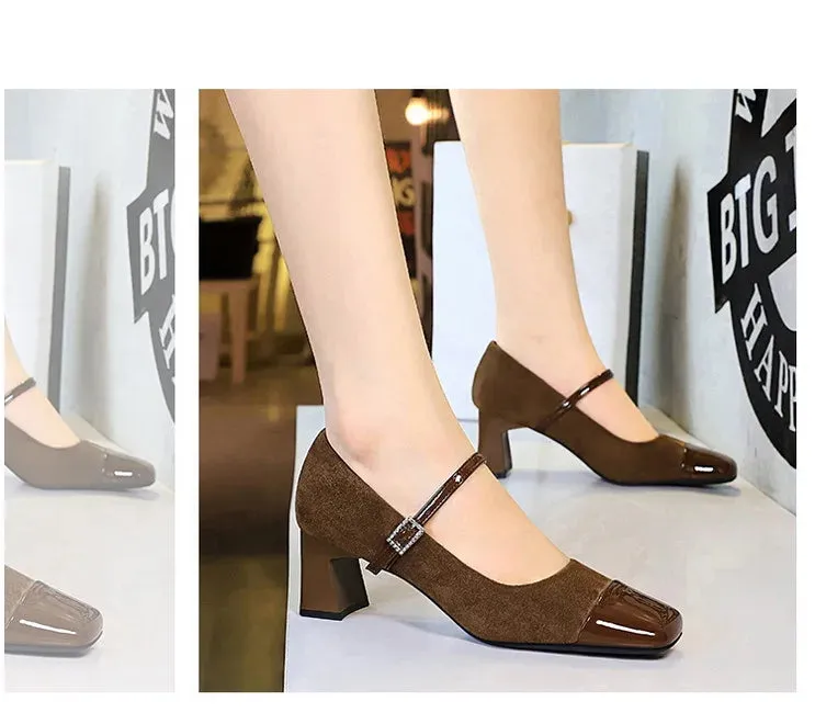 Leopard Print Women Pumps Suede Middle Heel Shoes Sexy Mary Jane Shoes Rhinestone Buckle Ladies Shoe Square Head