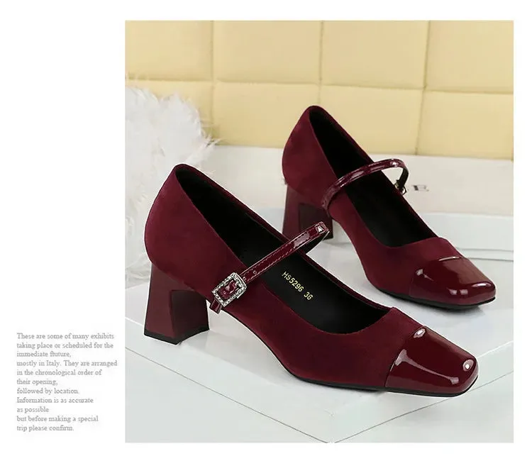 Leopard Print Women Pumps Suede Middle Heel Shoes Sexy Mary Jane Shoes Rhinestone Buckle Ladies Shoe Square Head