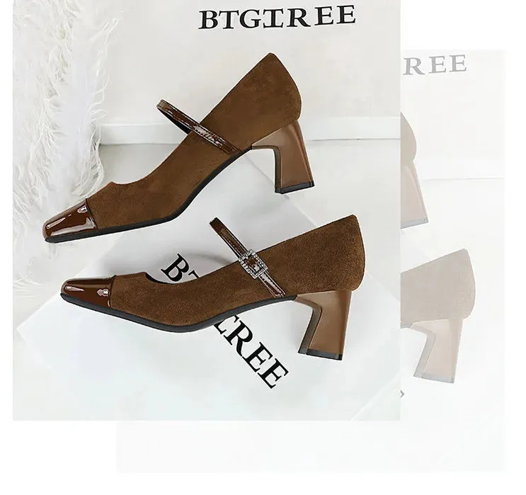 Leopard Print Women Pumps Suede Middle Heel Shoes Sexy Mary Jane Shoes Rhinestone Buckle Ladies Shoe Square Head