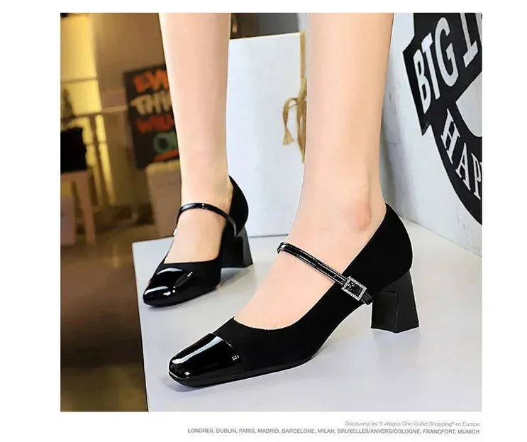 Leopard Print Women Pumps Suede Middle Heel Shoes Sexy Mary Jane Shoes Rhinestone Buckle Ladies Shoe Square Head