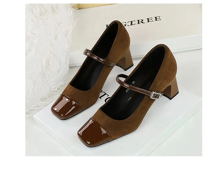 Leopard Print Women Pumps Suede Middle Heel Shoes Sexy Mary Jane Shoes Rhinestone Buckle Ladies Shoe Square Head