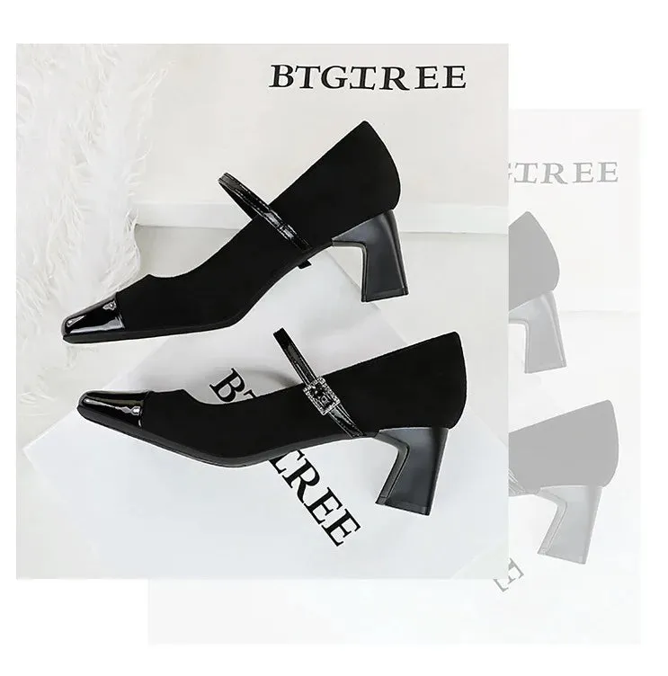 Leopard Print Women Pumps Suede Middle Heel Shoes Sexy Mary Jane Shoes Rhinestone Buckle Ladies Shoe Square Head